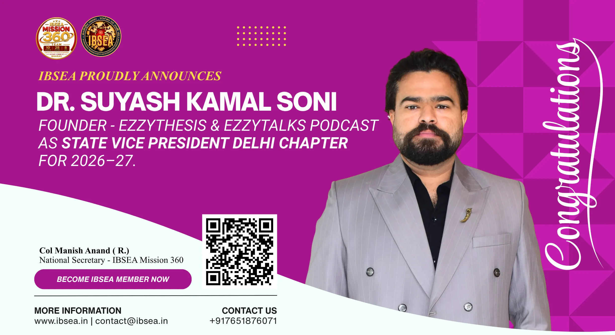 IBSEA Welcomes Dr. Suyash Kamal Soni as State Vice President – Delhi | 2026–27